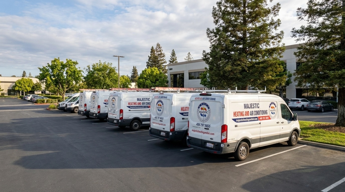 Majestic Heating and Air Conditioning fleet — sunset lineup at HQ