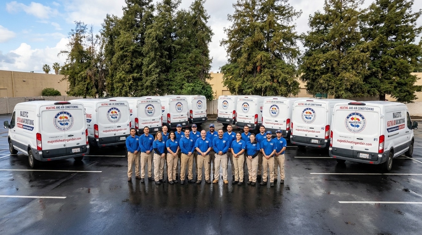The full Majestic Heating and Air Conditioning crew with the fleet